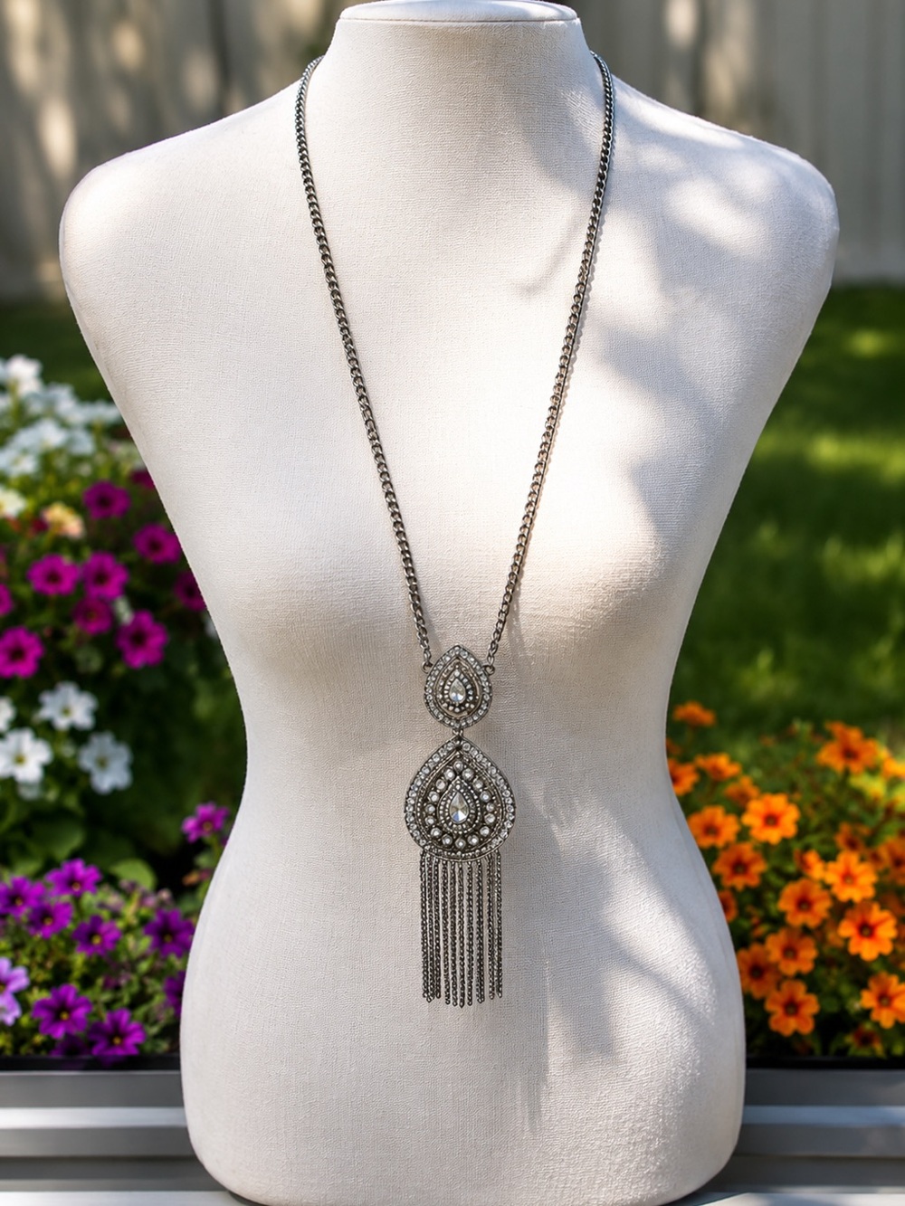 Statement Rhinestone Fringe Pendant Necklace Silver Boho Glam